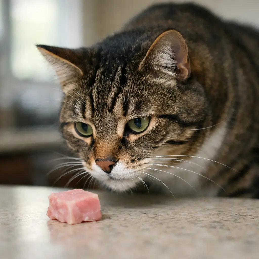 Can cats have ham safely? Tabby cat sniffing a small piece of ham in a kitchen, highlighting potential health concerns