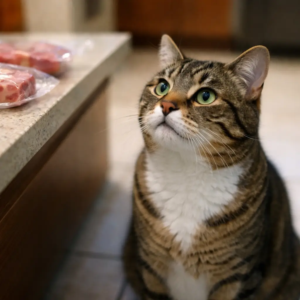 Can cats have ham regularly? Tabby cat looking at processed meat, illustrating why ham is not suitable for cats