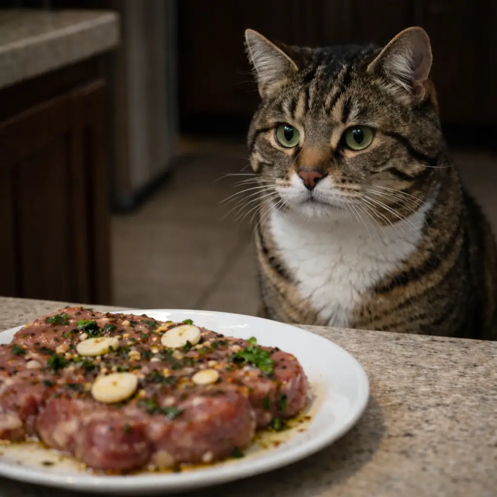 Can cats have ham with seasonings? Tabby cat avoiding seasoned ham, showing hidden dangers like garlic and preservatives