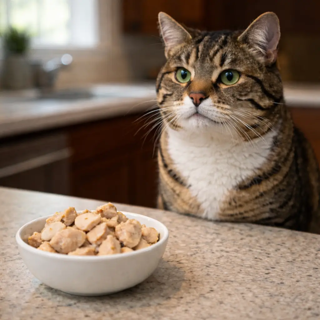 Can cats have ham alternatives? Tabby cat next to plain cooked chicken, showing safer food options for cats