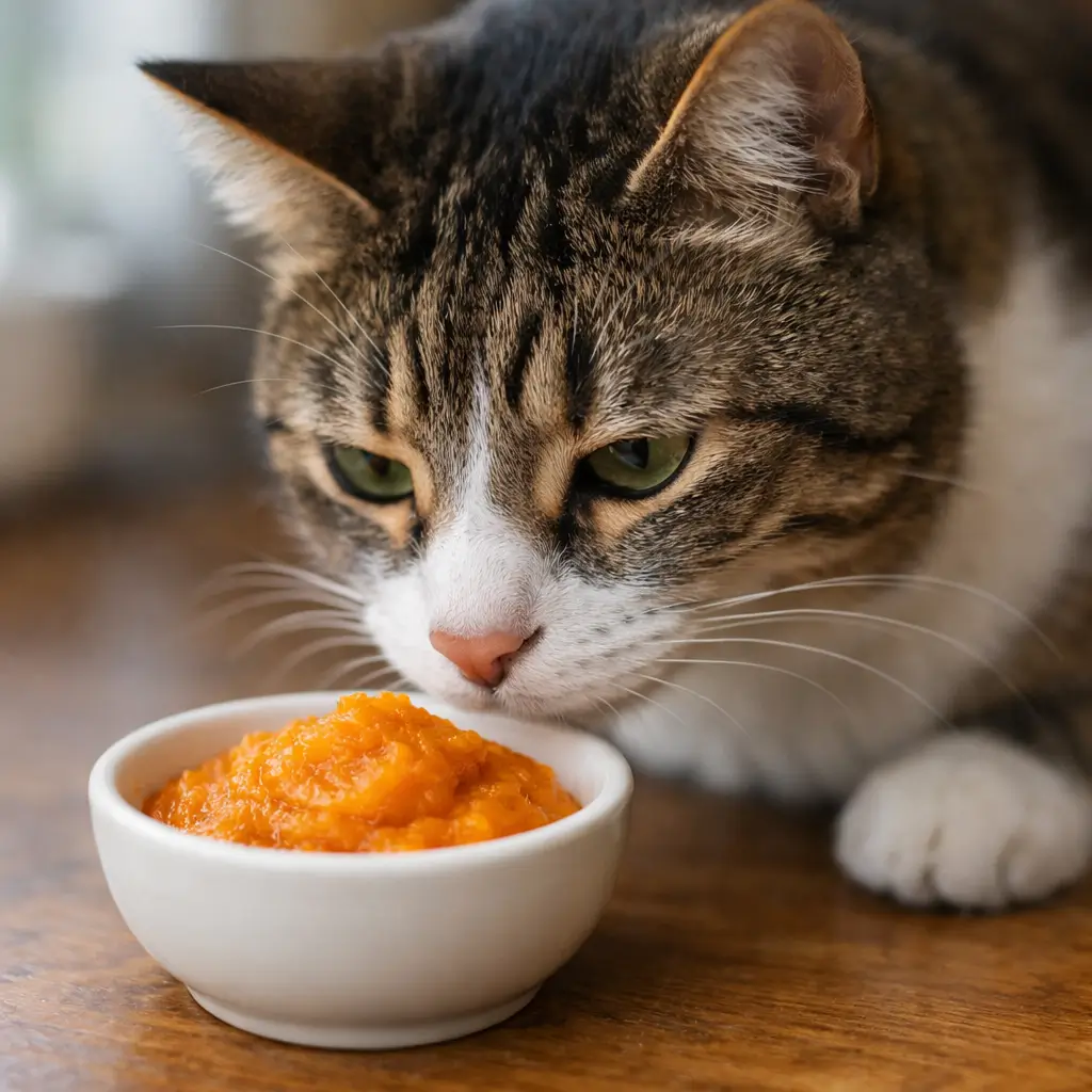 A domestic cat sniffing a bowl of plain pumpkin puree, illustrating cats can have pumpkin safely at home.
