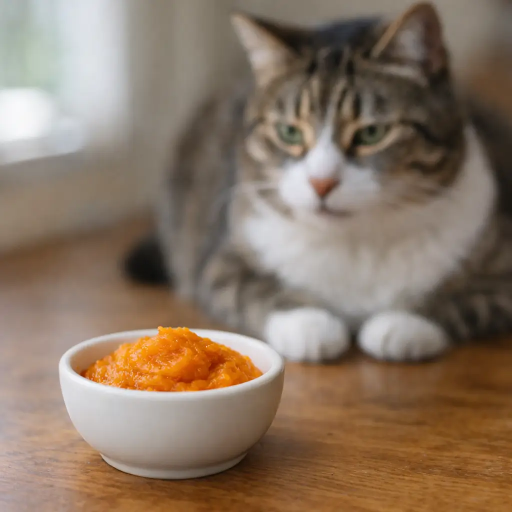 An adult cat sitting behind a bowl of pumpkin puree, highlighting nutritional benefits cats get from pumpkin.
