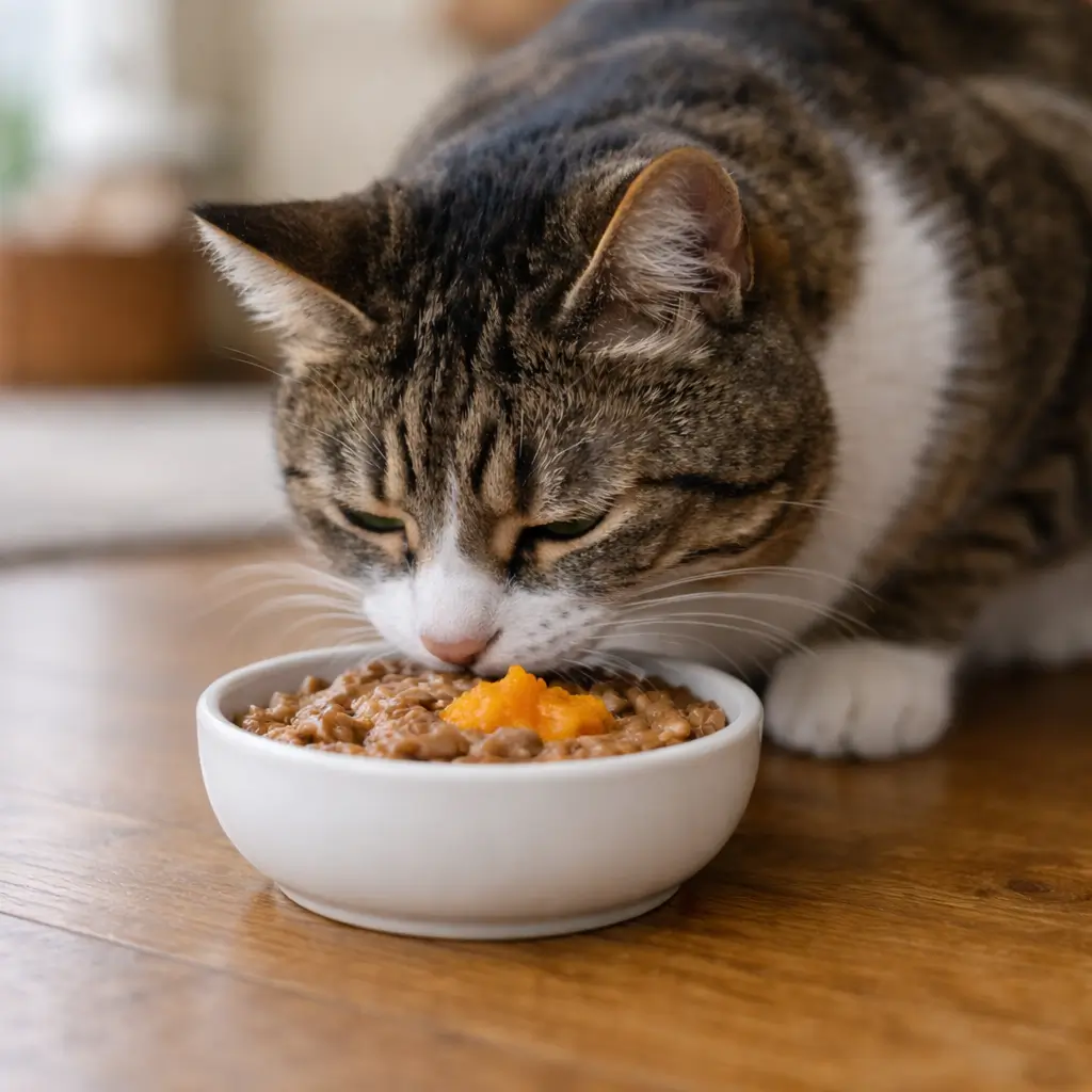 Cat eating food mixed with pumpkin puree, demonstrating how cats can have pumpkin to support digestion.

