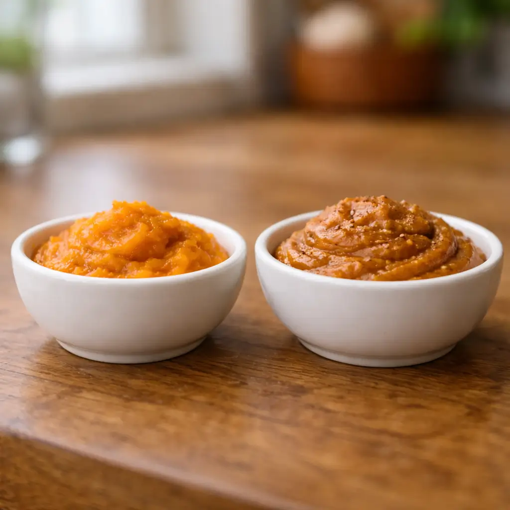 Two bowls: plain pumpkin puree and pumpkin pie filling, warning cats should only have plain pumpkin.

