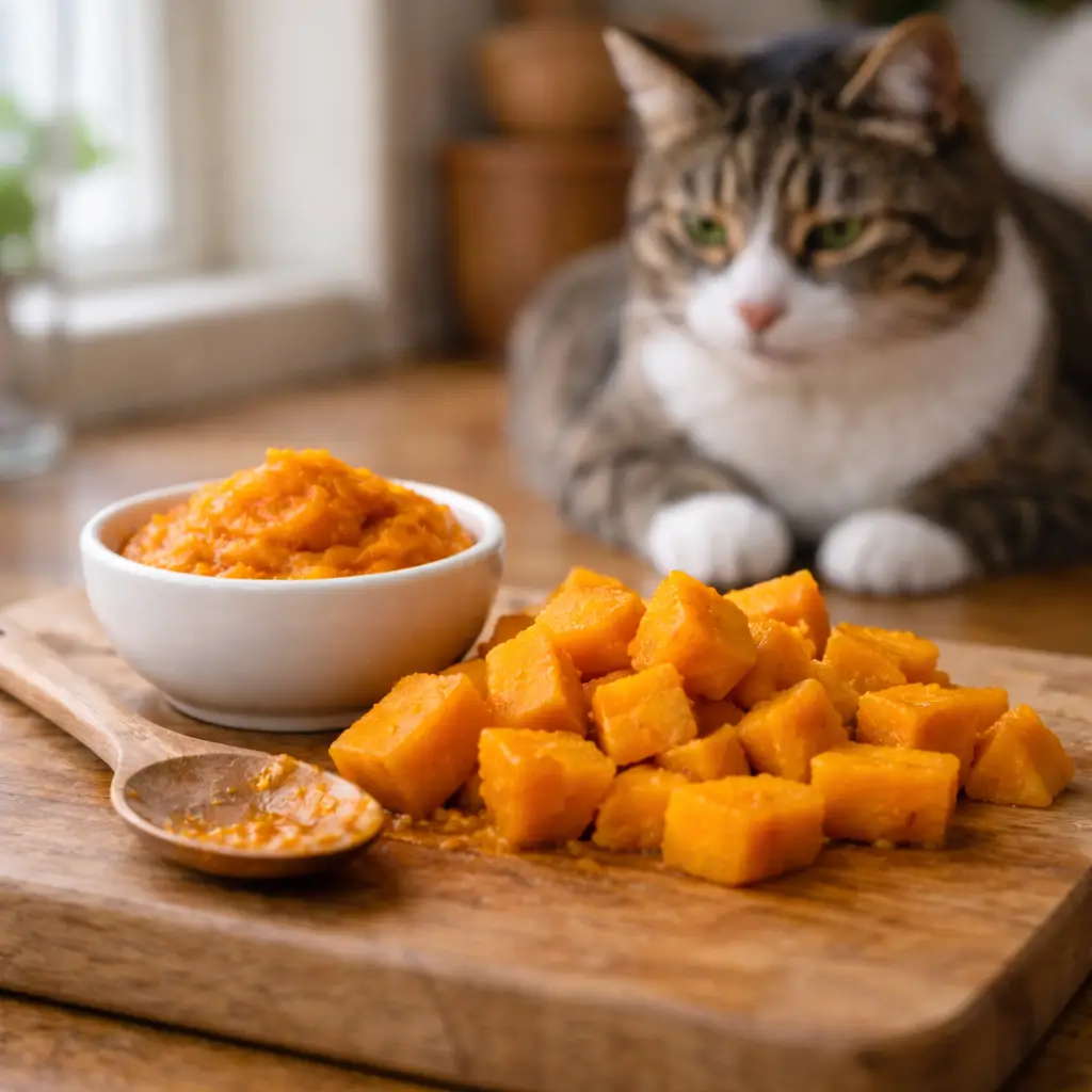 Fresh cooked pumpkin pieces on a cutting board with cat nearby, showing cats can have pumpkin prepared safely.
