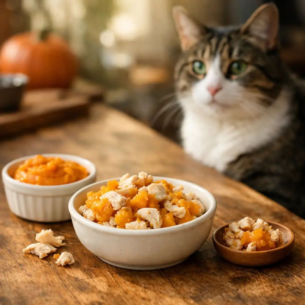 Small portions of homemade cat food with pumpkin puree and chicken, illustrating cats can have pumpkin in recipes.

