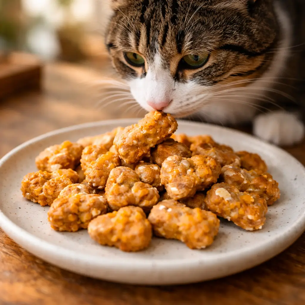 Baked pumpkin and meat treats on plate with curious cat, showing cats can have pumpkin as safe homemade treats.
