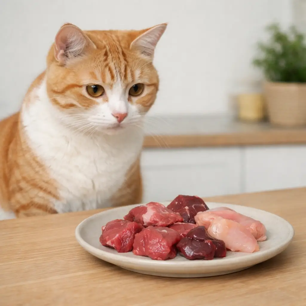 Can house cats eat raw meat based on their carnivorous nature? Domestic cat observing raw animal protein at home.