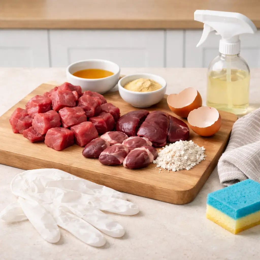 Can house cats eat raw meat without risk? Raw meat preparation highlighting hygiene and contamination concerns.