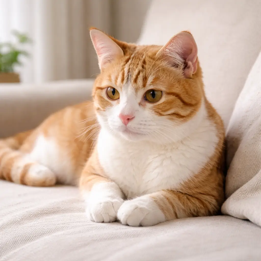 Can house cats eat raw meat if vulnerable? Cream and orange cat resting indoors, highlighting safety concerns.