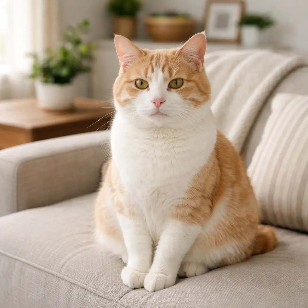 Can house cats eat raw meat long term? Healthy cream and orange house cat relaxing in a clean home.