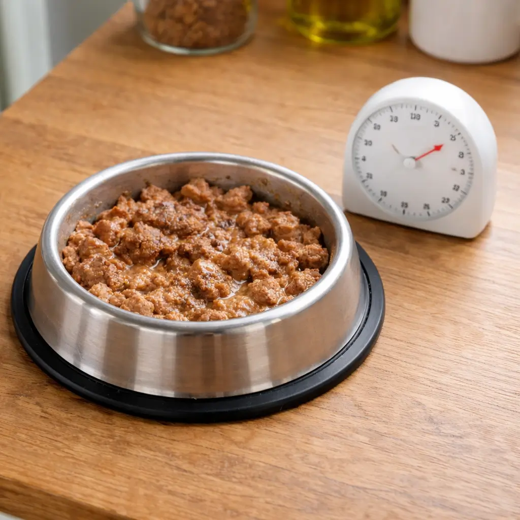 Fresh wet cat food in a bowl with kitchen timer explaining how long can wet cat food sit out at room temperature