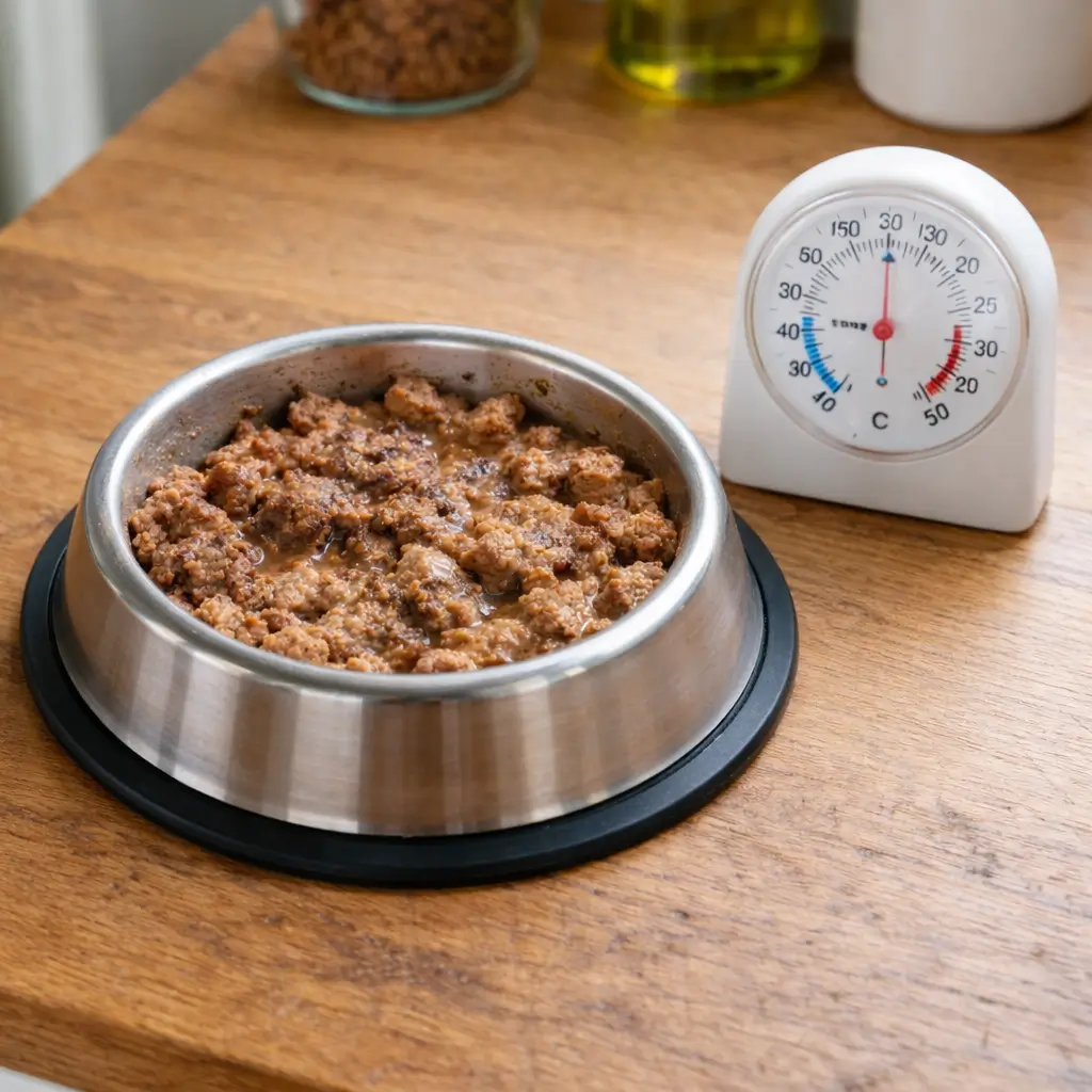 Wet cat food next to a household thermometer showing how long can wet cat food sit out in normal indoor temperature