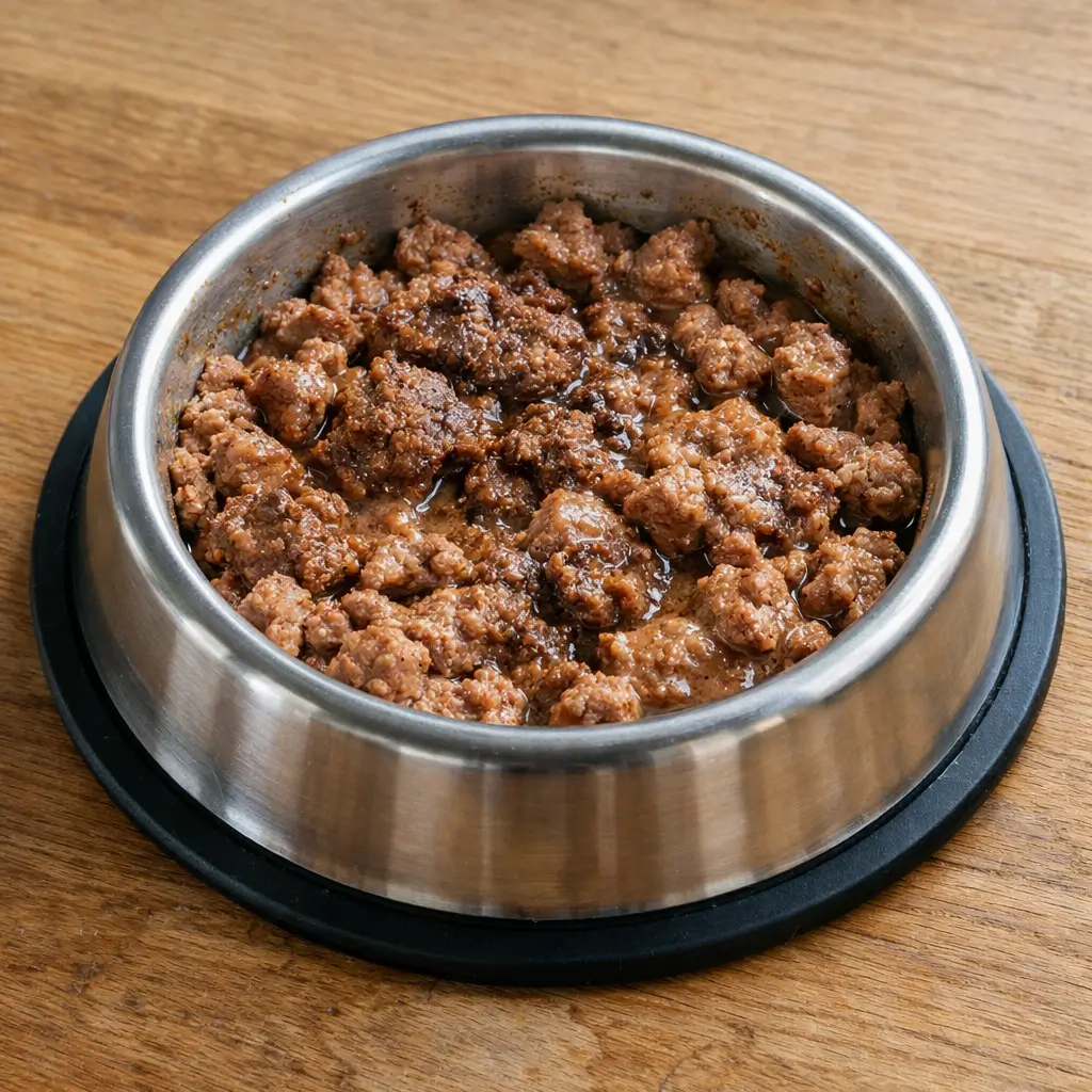 Partially dried wet cat food in a bowl demonstrating how long can wet cat food sit out before becoming unsafe
