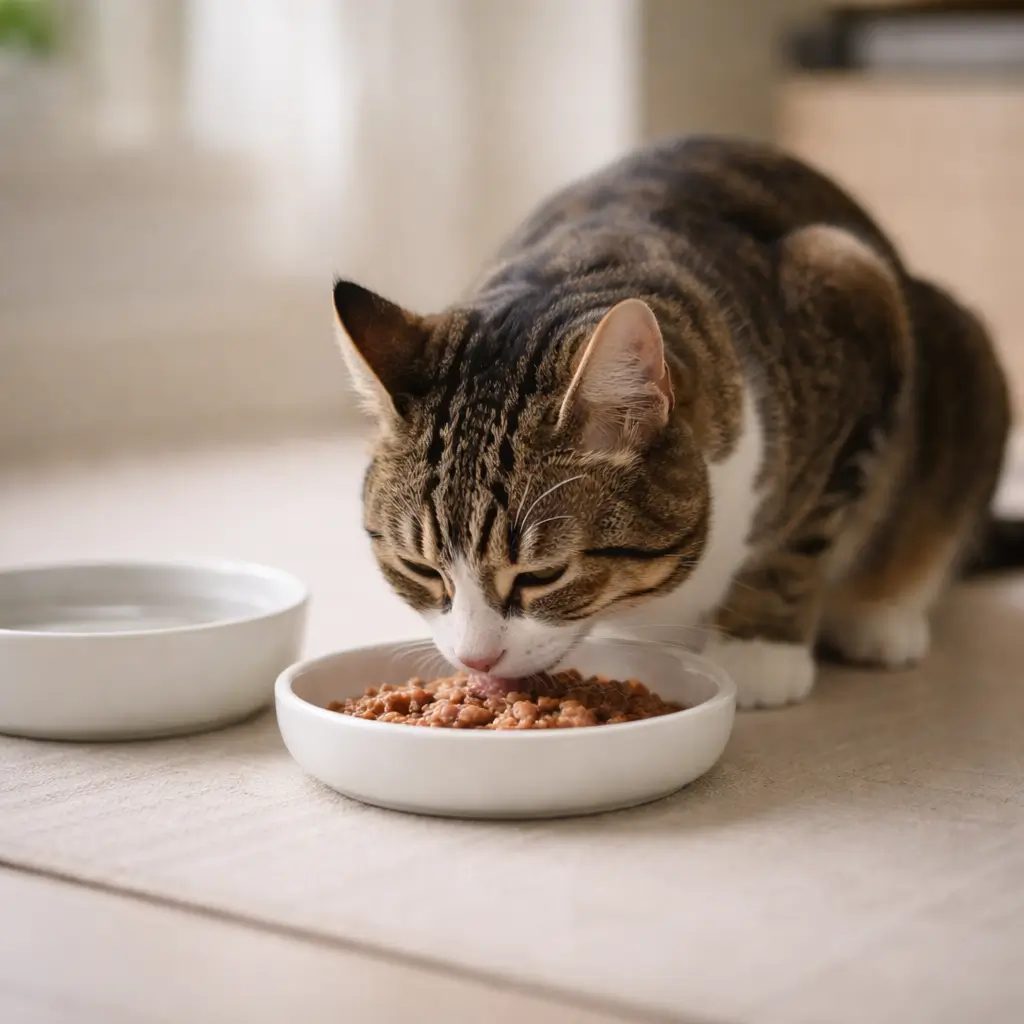 My cat doesn't drink water but eats wet food calmly, showing this behavior can be normal