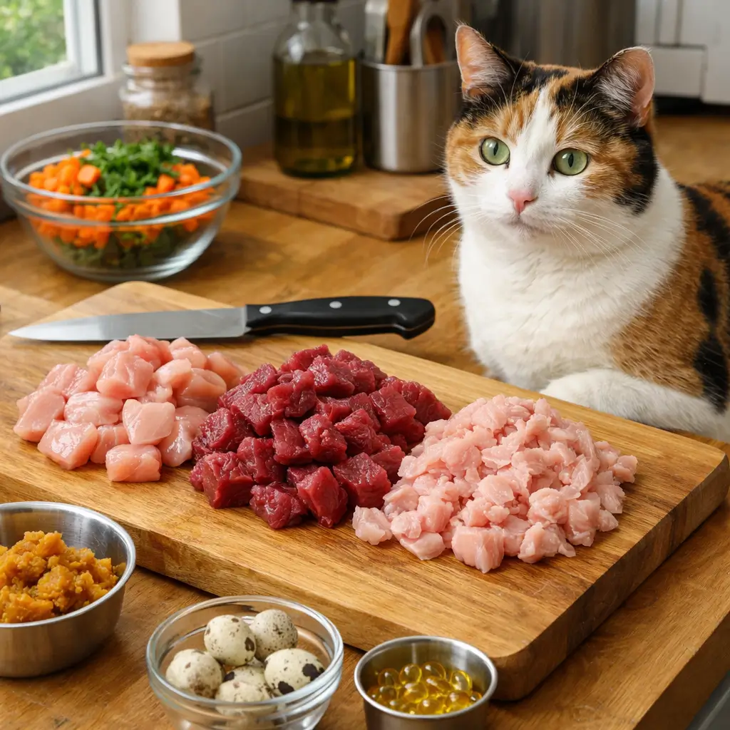 Vet approved homemade cat food recipes featuring fresh raw chicken beef and turkey prepared in a home kitchen with a healthy cat nearby