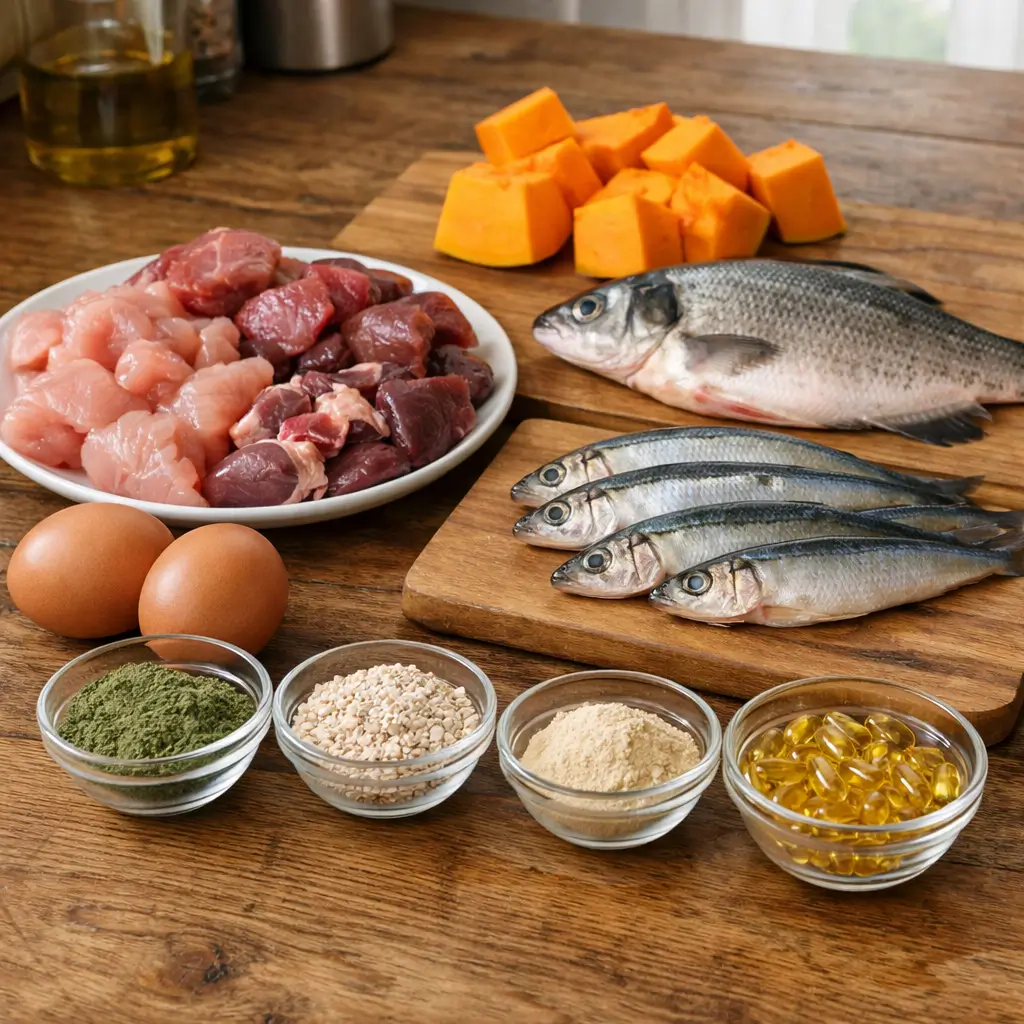 Vet approved homemade cat food recipes ingredients including fresh fish chicken beef eggs pumpkin and essential supplements prepared for balanced feline nutrition