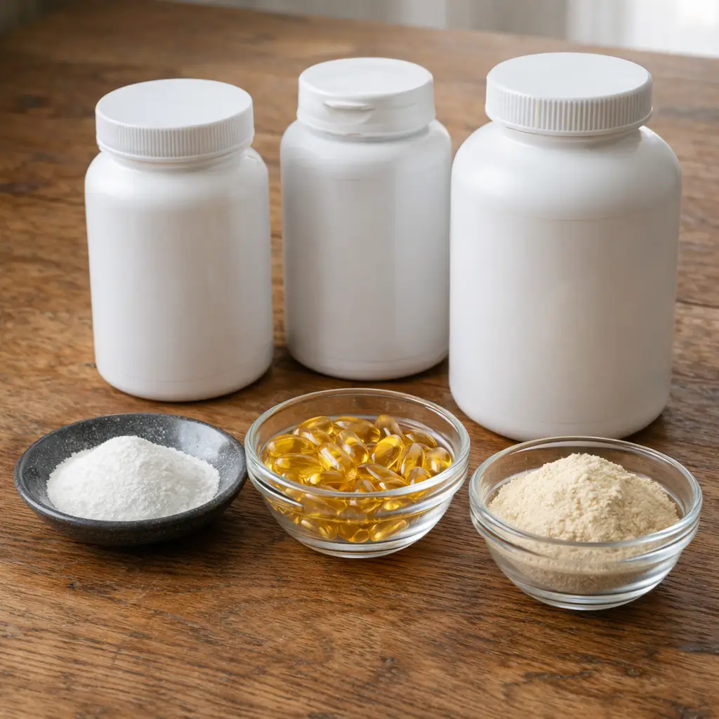 Three white supplement containers and small bowls of taurine powder, fish oil capsules, and calcium powder on a wooden table, essential for vet approved homemade cat food recipes.