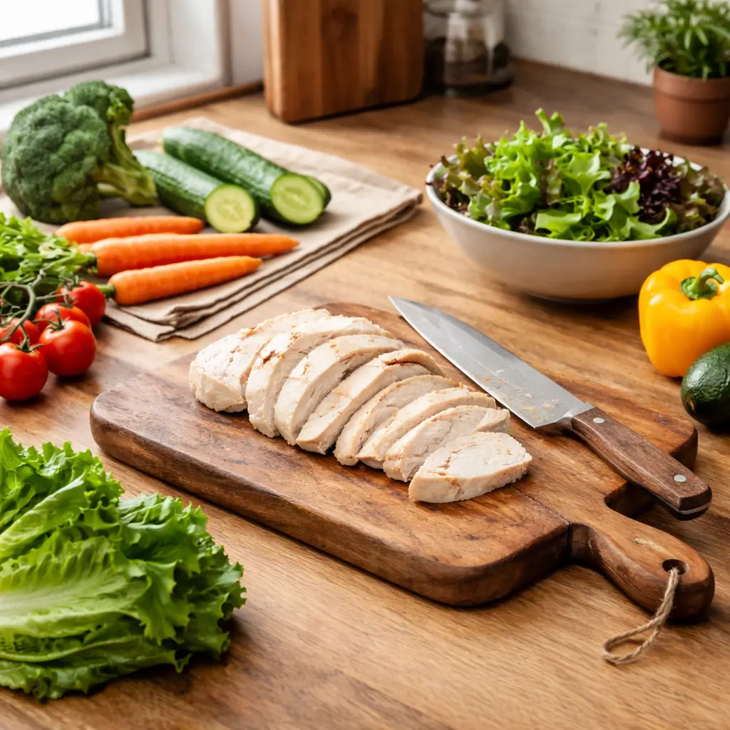 Home kitchen scene showing human foods cats can eat being prepared on a clean wooden countertop.
