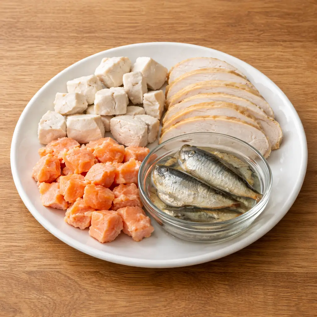 White plate with cooked proteins cats can eat: chicken, turkey, salmon, sardines, clean and unseasoned.
