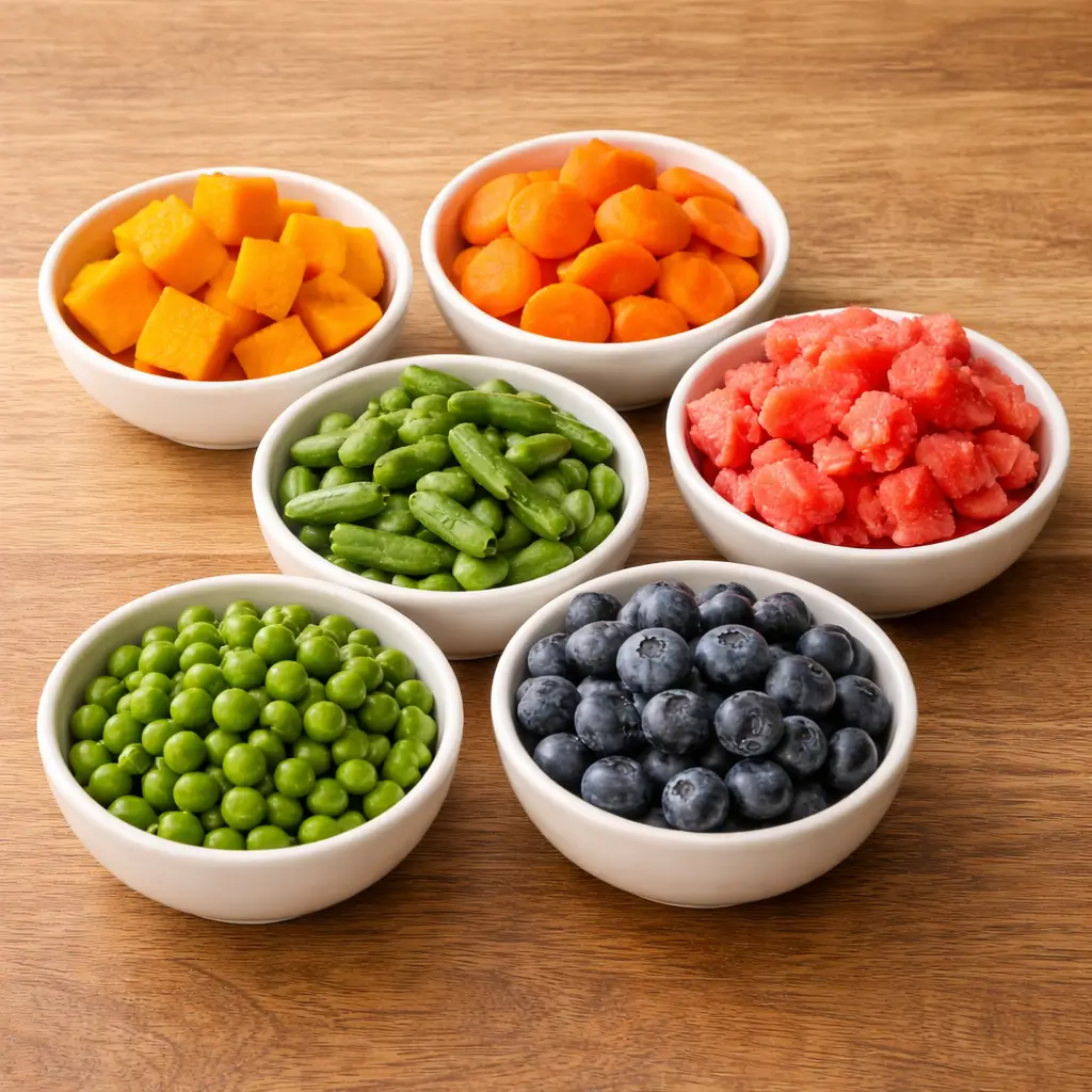 Bowls of safe vegetables and fruits cats can eat, including pumpkin, carrots, green beans, peas, blueberries.
