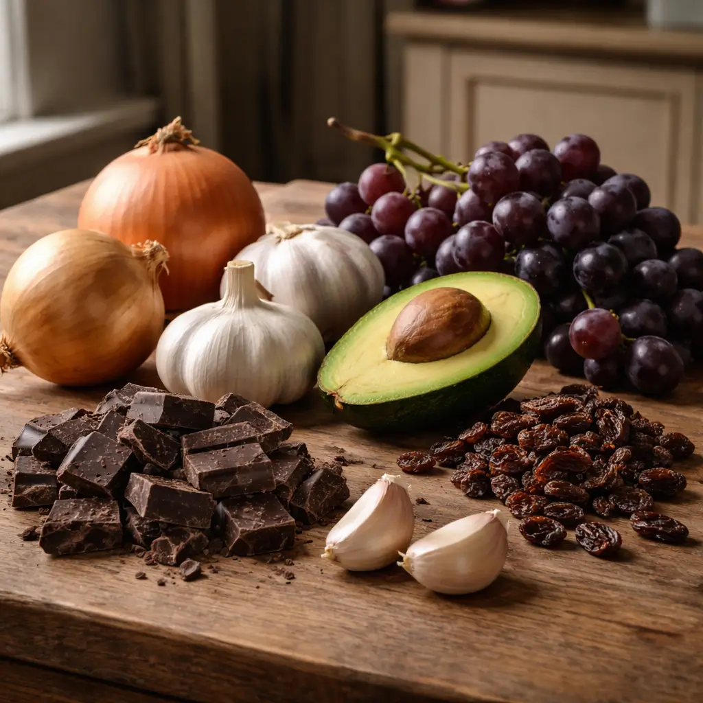 Toxic foods cats cannot eat on wooden table: onions, garlic, chocolate, grapes, avocado, cleanly arranged.
