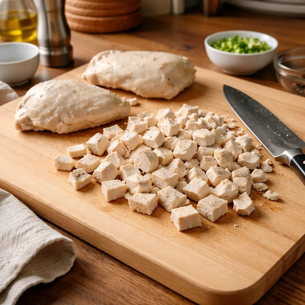Cutting board showing cooked chicken being chopped safely for cats to eat, clean kitchen setup.
