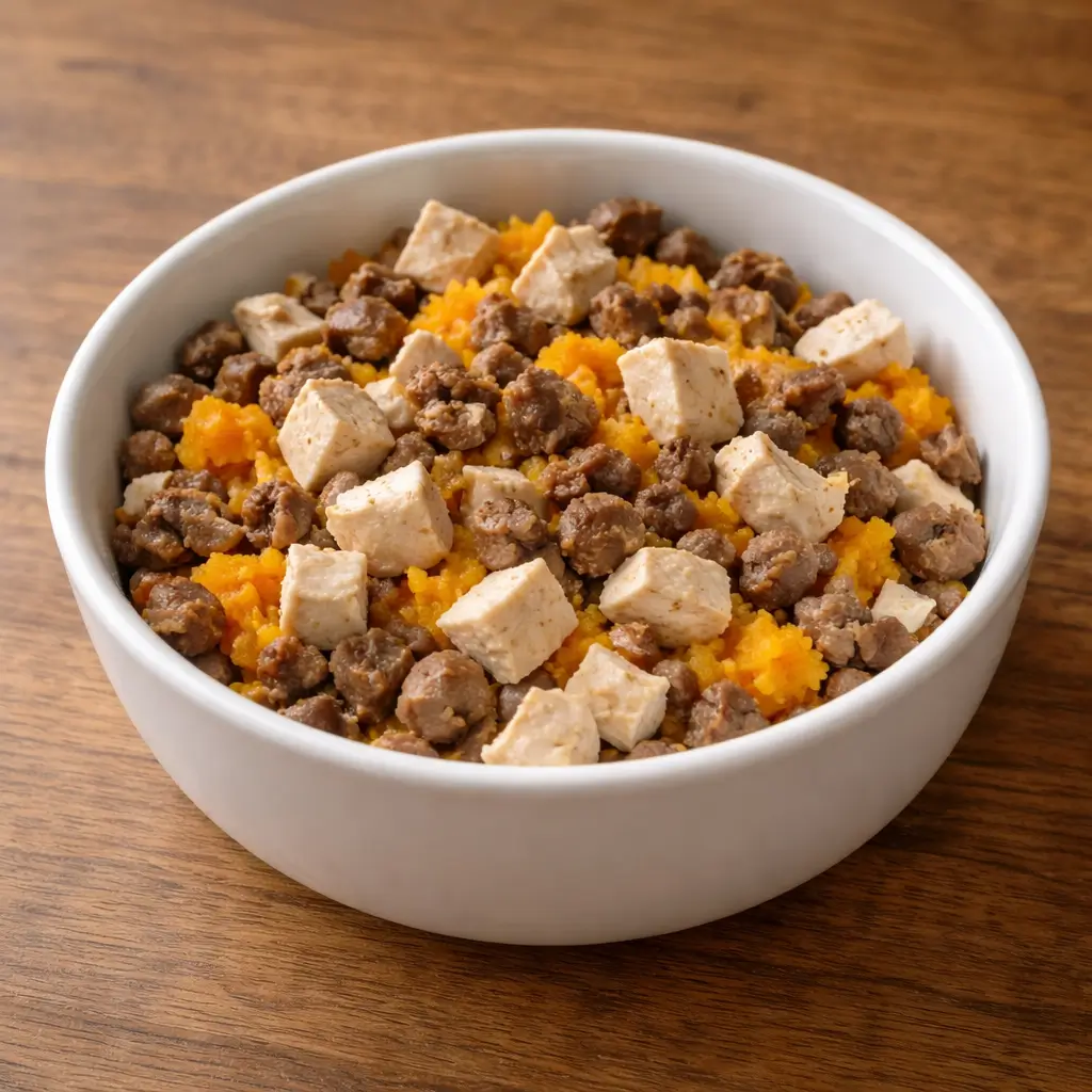 Homemade balanced cat meal in a bowl with chicken, liver, and pumpkin, safe foods cats can eat.
