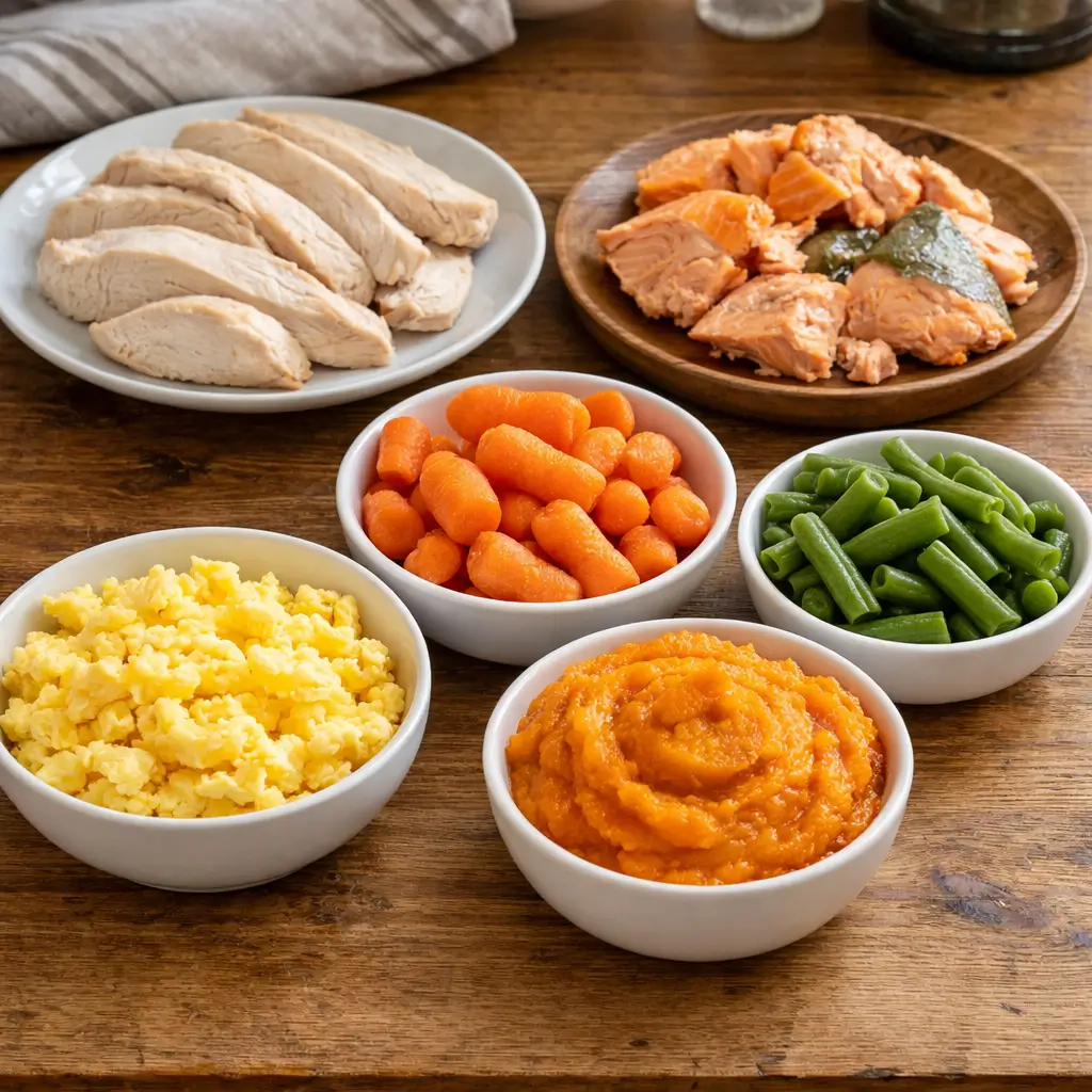 Selection of cat-safe human foods including cooked chicken, salmon, scrambled eggs, pumpkin, carrots, and green beans