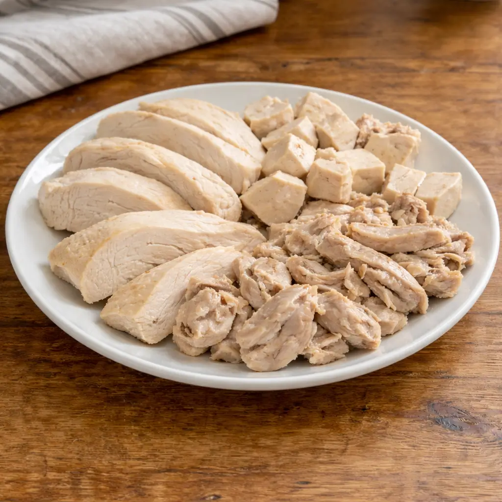 Plain cooked chicken and turkey pieces served on a ceramic plate on a wooden table