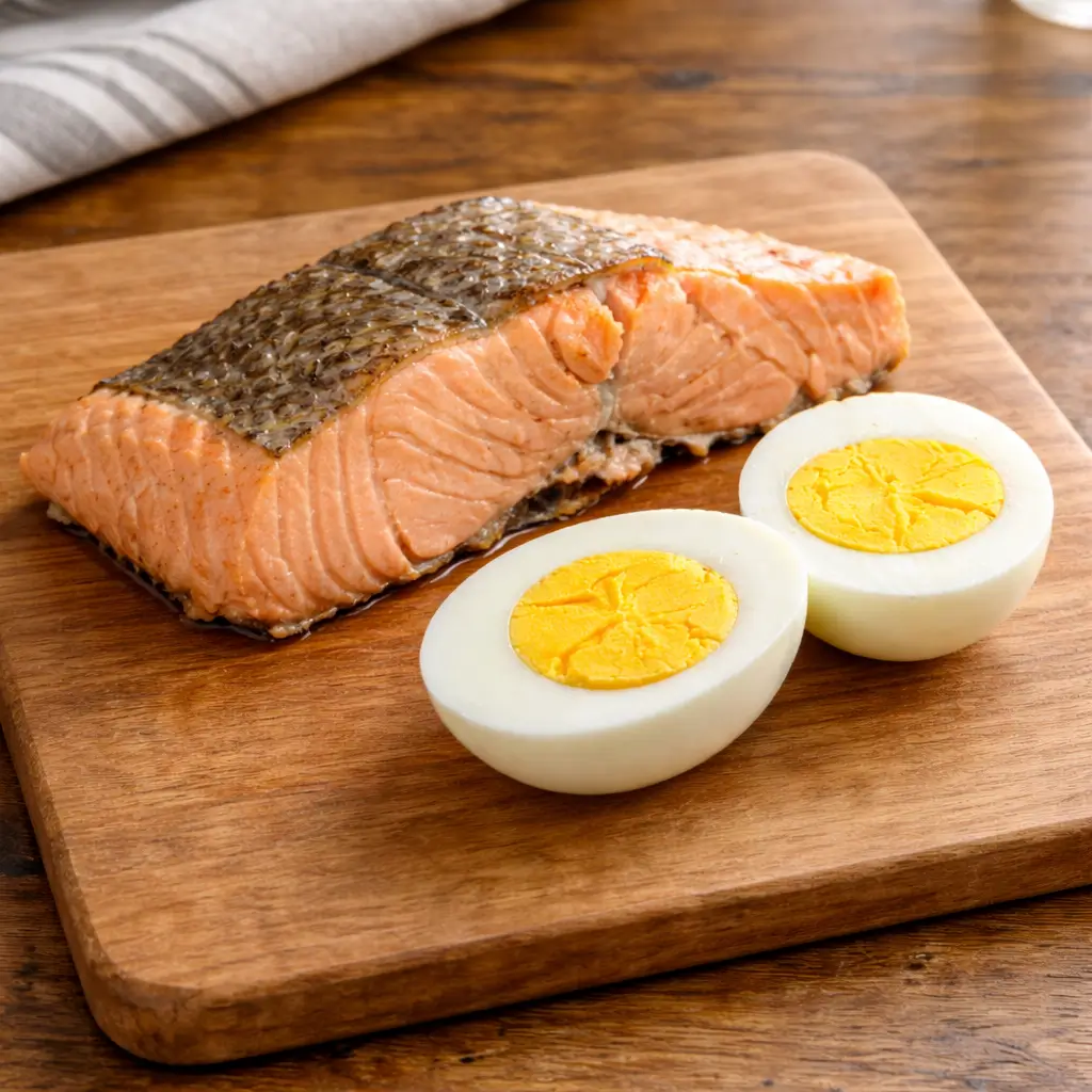 Cooked salmon fillet and hard-boiled egg prepared plainly on a wooden board