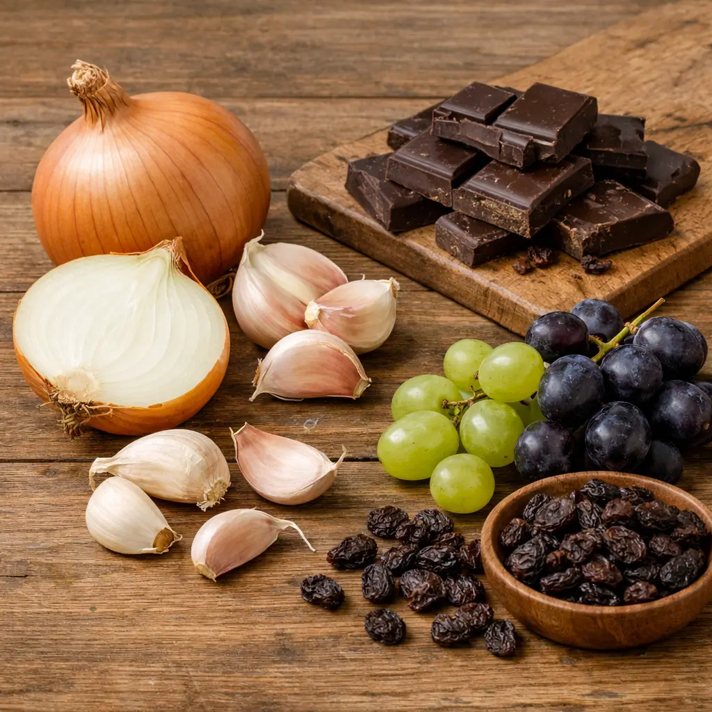 Toxic foods for cats including onions, garlic, chocolate, grapes, and raisins on a wooden surface