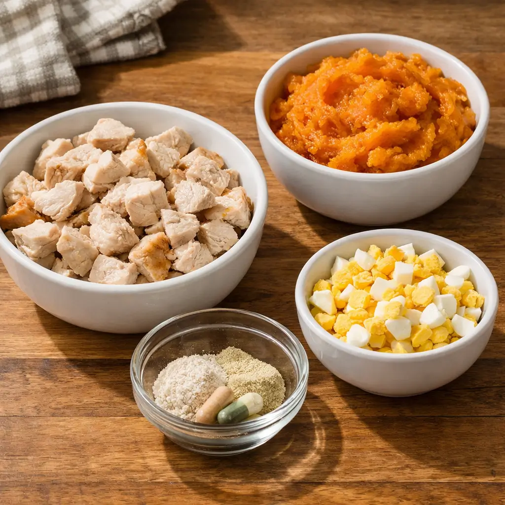 Homemade cat food ingredients with cooked chicken, pumpkin, egg, and supplements prepared in a home kitchen